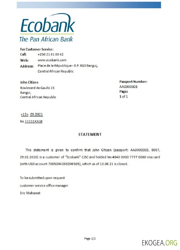 Référence République Centrafricaine , Ecobank , closure